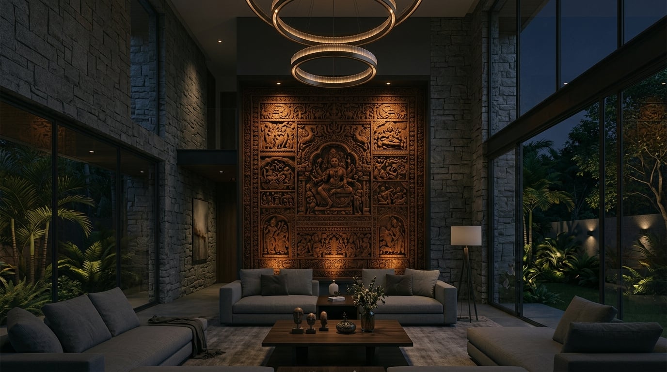 Contemporary Indian home interior with authentic Bengali terracotta mural feature wall